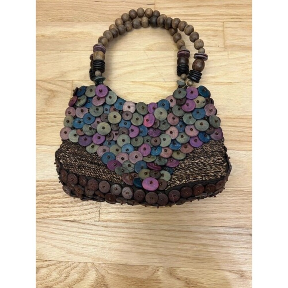 Cebu Beaded Wood Accent Shoulder Bag Boho‎ Festival Colorful Circles